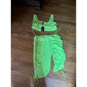 True Rock Neon Green 2 Piece Crop Top Shorts Set Dance Festival XL NWT